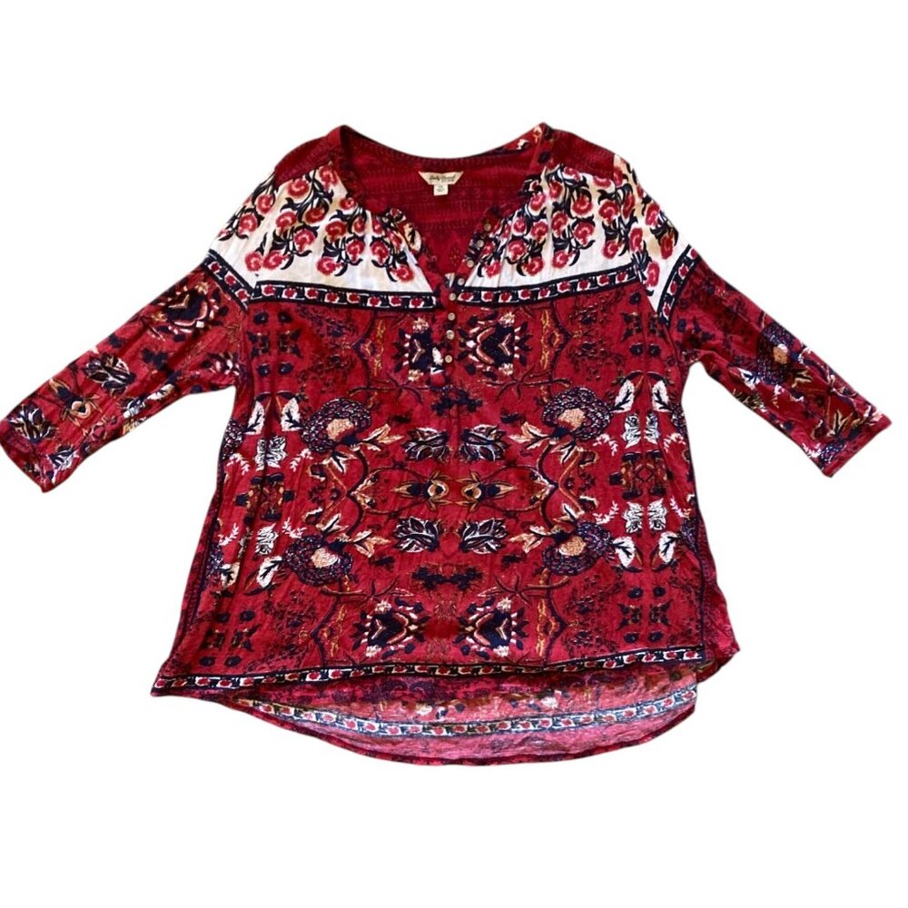 Women's LUCKY BRAND 3/4 Sleeve Red Boho Tunic Top Size 1X